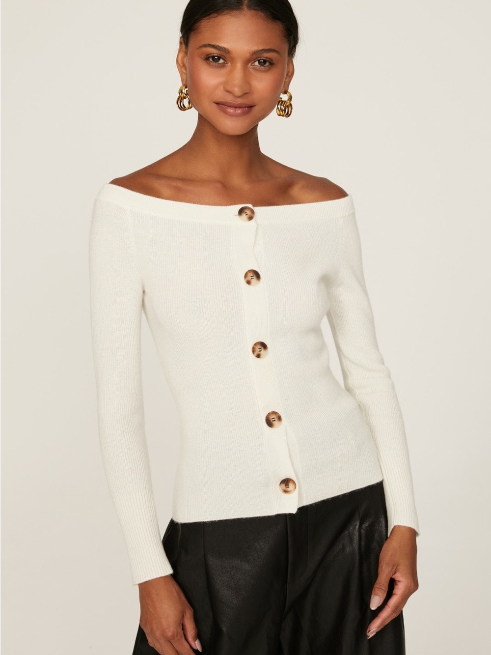 Off-the-Shoulder Button-Front Sweater - White